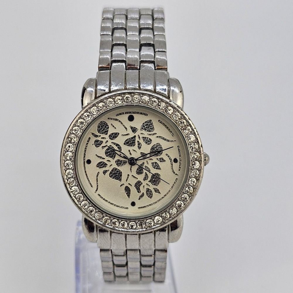 Women's Watch 35MM Cream Flowers Dial Gray Bracelet Band 7" Wrist New Battery